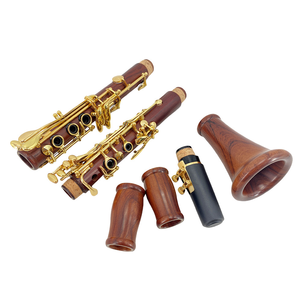Bb Clarinet for Beginner 17 Key Gold-Plated Rosewood B Flat Clarinet with 2 Barrels,Hard Case,Cleaning Kit,Mouthpiece,Cork Grease,Gloves,Reeds,Cushion