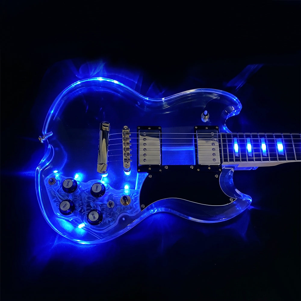 Yinfente Electric Guitar Kit Transparent Acrylic Guitar Body Electric Guitars for Beginners with Maple Neck Rosewood Fretboard& LED Light Blue
