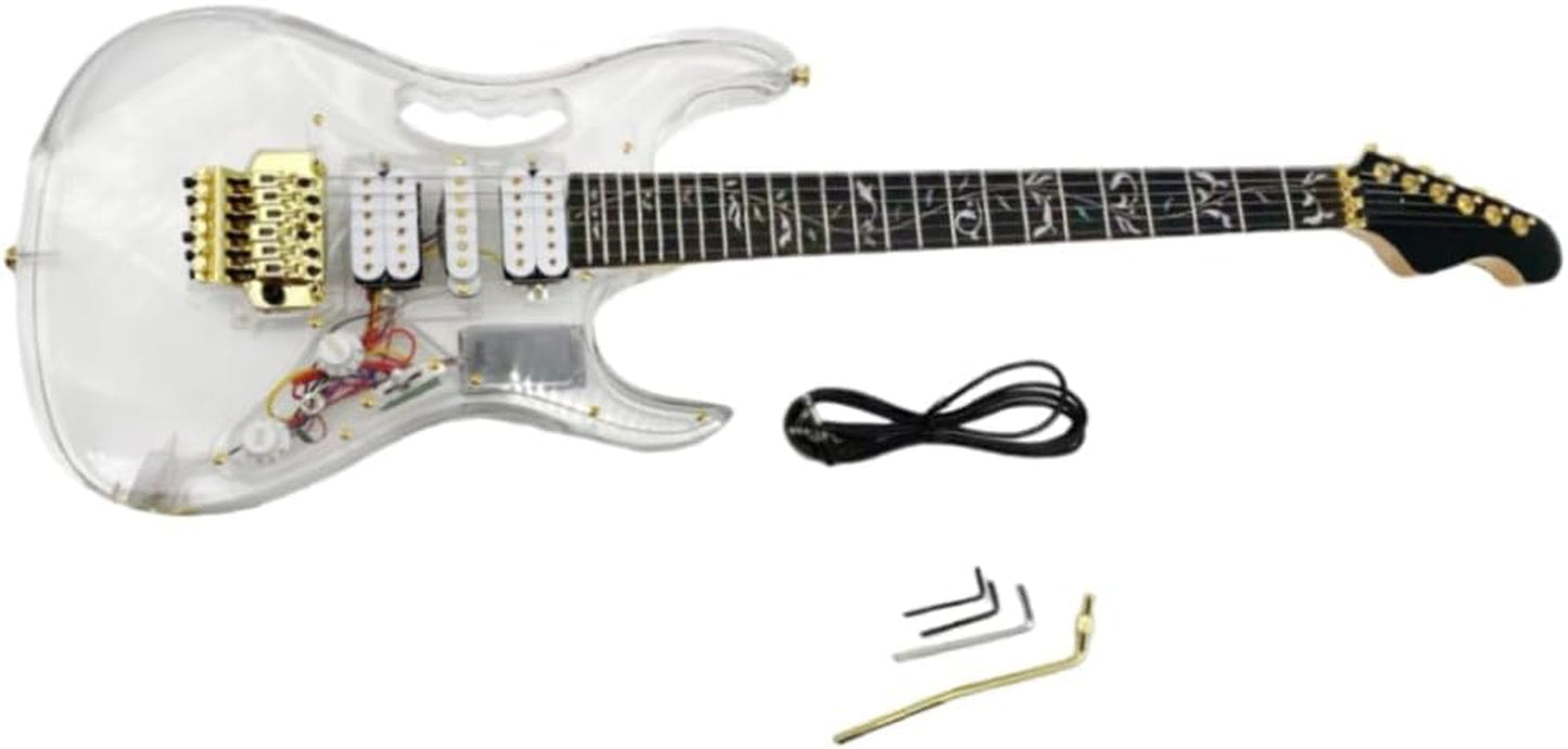 LED Light Electric Guitar Maple Neck Acrylic Body Crystal Guitar Blue Sweet Sound for Beginners,Students,Adults (Kit-Led-Iba)