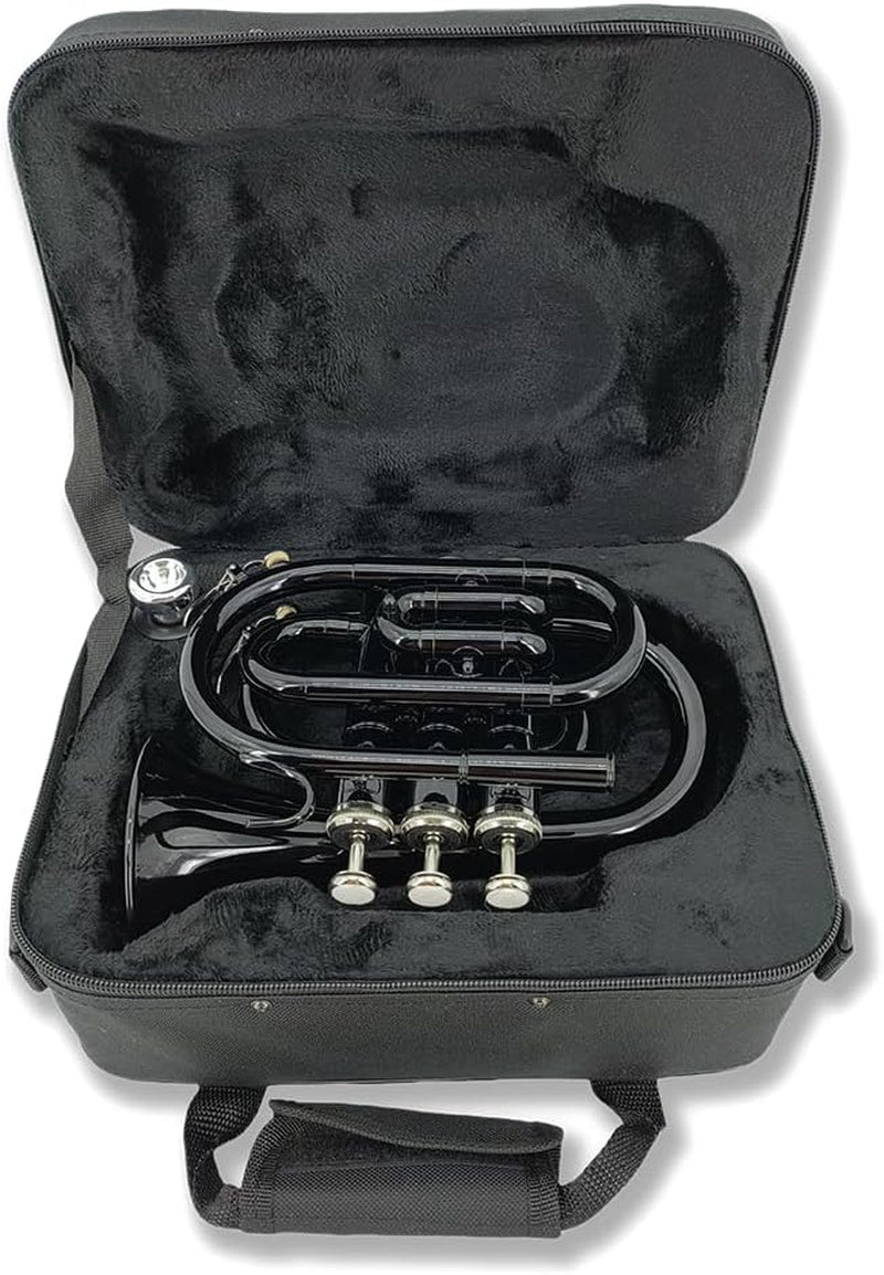 Brass Pocket Trumpet Bb Key Nickel Plated with Mouthpiece 7C, Cleaning Kit, Carrying Case, Gloves for Beginners/Students (Black)