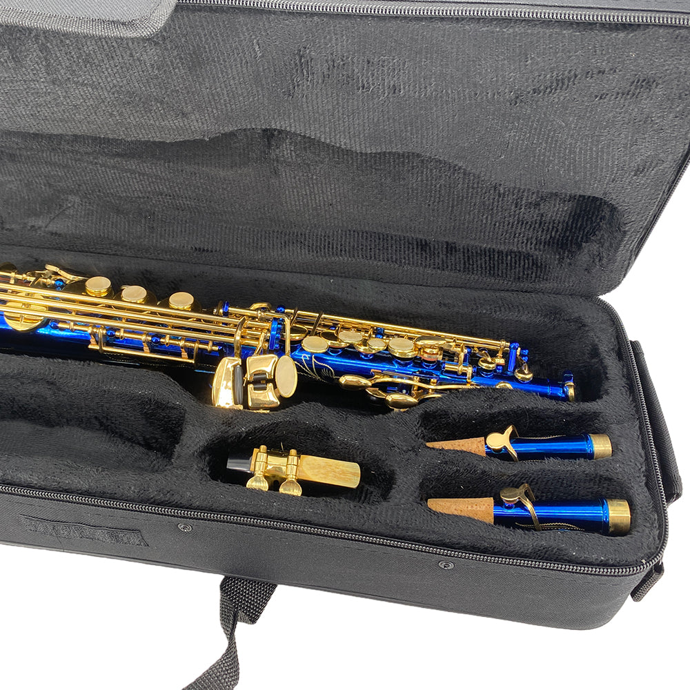 Bb Soprano Saxophone Straight Gold Sax Instruments for Beginners Students with Mouthpiece Carrying Case Straps 10Reeds (Blue)