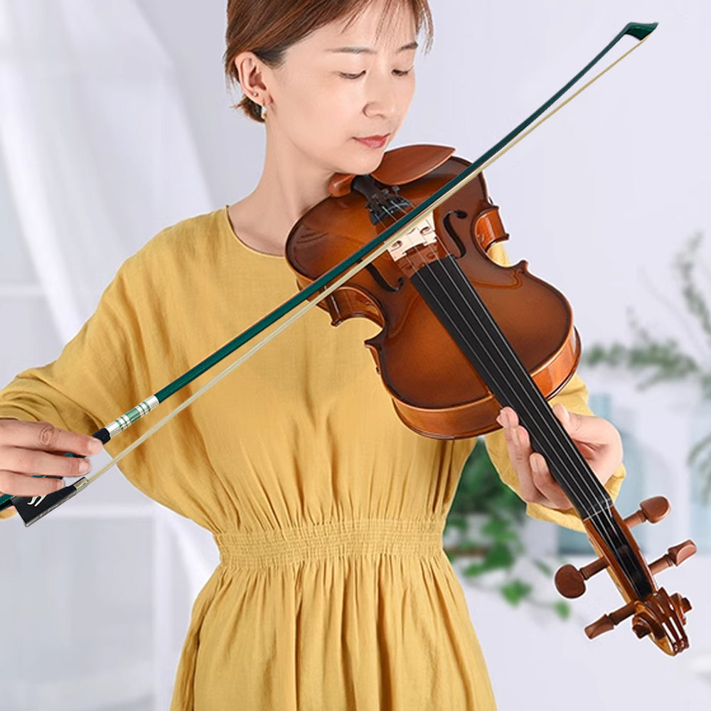 Violin Bow 4/4 Full Size Strong Light Carbon Fiber Stick and Ebony Frog with Natural Hair Quick Response,Green Color