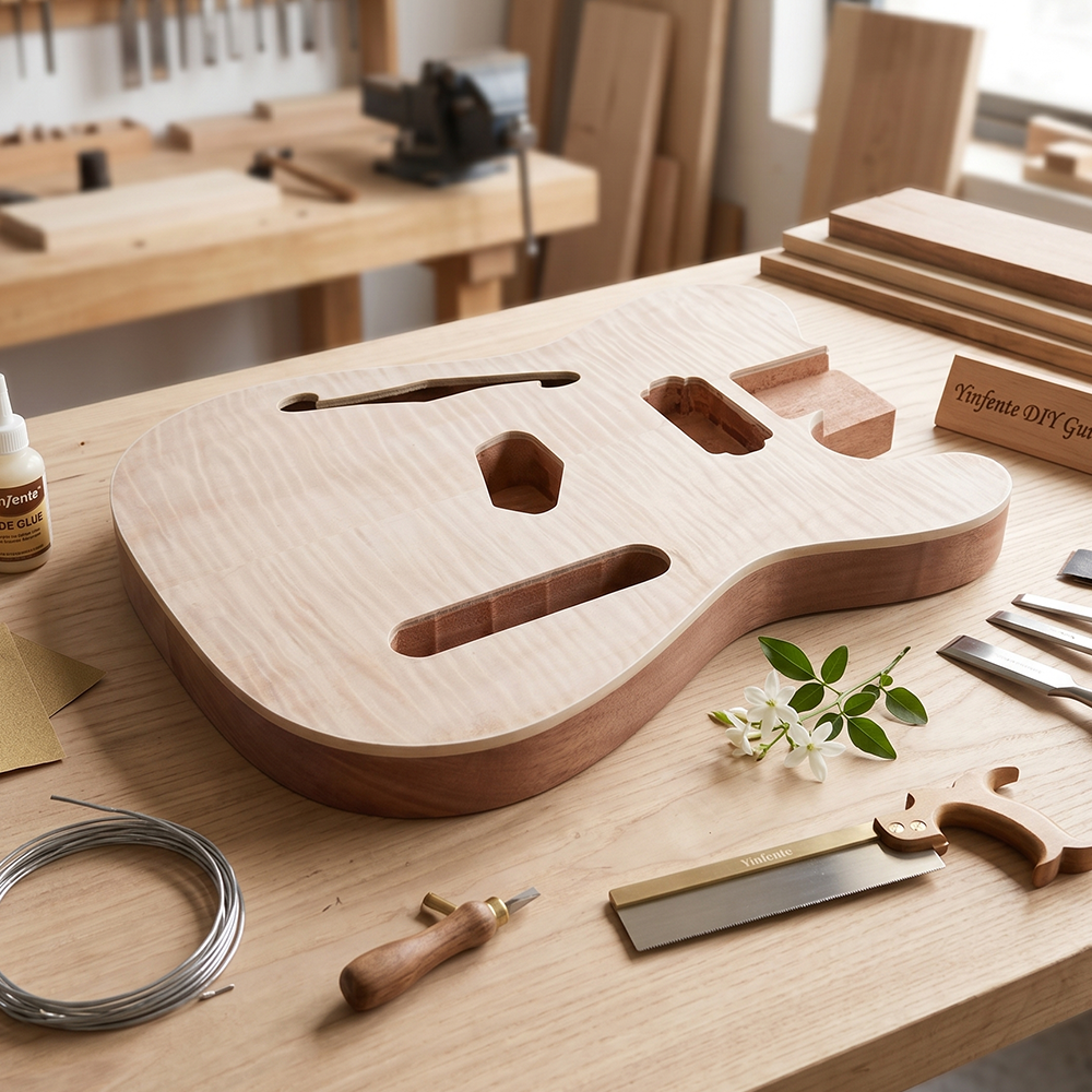 Yinfente 4 pcs DIY Guitar Bodies Mahogany Flame Maple Veneer Unfinished Bolt On Heel Tele Guitar