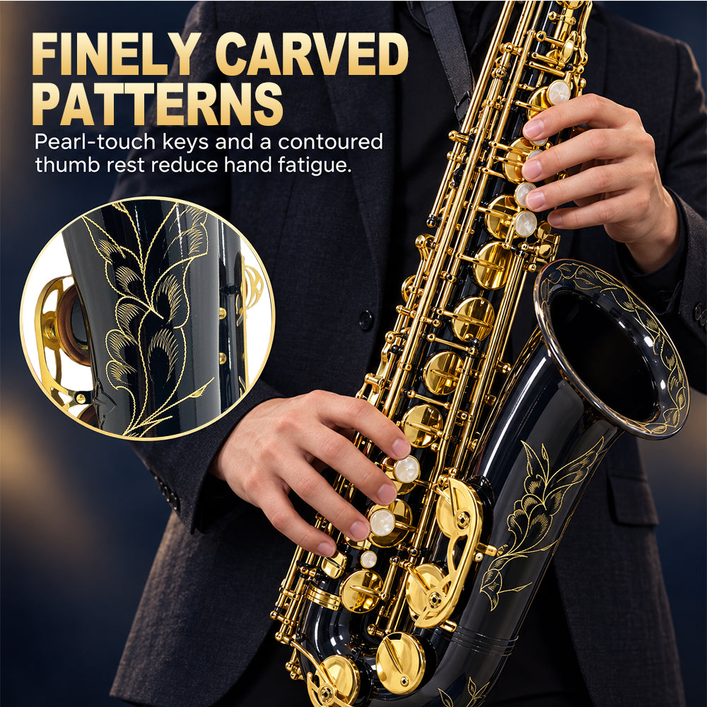 Yinfente Bb Tenor Saxophone Professional Beginner Kit-B Flat Tenor Sax Complete Student Set with Hard Case,Reeds,Cleaning Cloth,Neck Straps,Mouthpiece Black&Gold