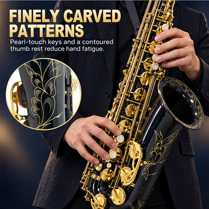 Yinfente Bb Tenor Saxophone Professional Beginner Kit-B Flat Tenor Sax Complete Student Set with Hard Case,Reeds,Cleaning Cloth,Neck Straps,Mouthpiece Black&Gold
