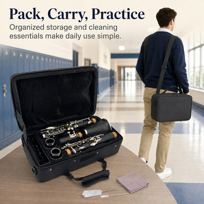 Yinfente Bb Clarinet for Beginners Student B Flat Clarinet with Ebonite Body & Nickel-Plated 17 Keys Woodwind Instrument with 2 Barrels Reeds Pads Case and Cleaning Kit