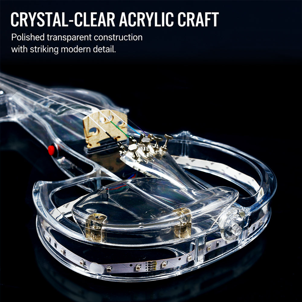 Yinfente Electric Violin 4/4 Full Size Transparent Acrylic Body Led Light Three Colors Led Bow Case Transparent Violin Shoulder Rest Extra Strings for Beginner