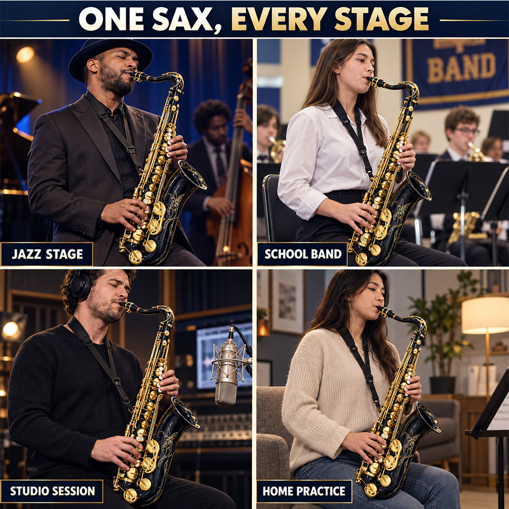 Yinfente Bb Tenor Saxophone Professional Beginner Kit-B Flat Tenor Sax Complete Student Set with Hard Case,Reeds,Cleaning Cloth,Neck Straps,Mouthpiece Black&Gold