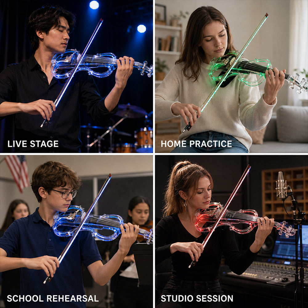 Yinfente Electric Violin 4/4 Full Size Transparent Acrylic Body Led Light Three Colors Led Bow Case Transparent Violin Shoulder Rest Extra Strings for Beginner