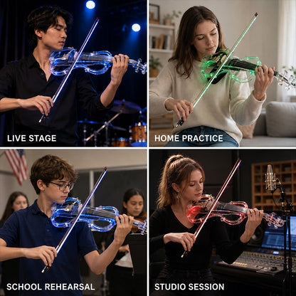 Yinfente Electric Violin 4/4 Full Size Transparent Acrylic Body Led Light Three Colors Led Bow Case Transparent Violin Shoulder Rest Extra Strings for Beginner