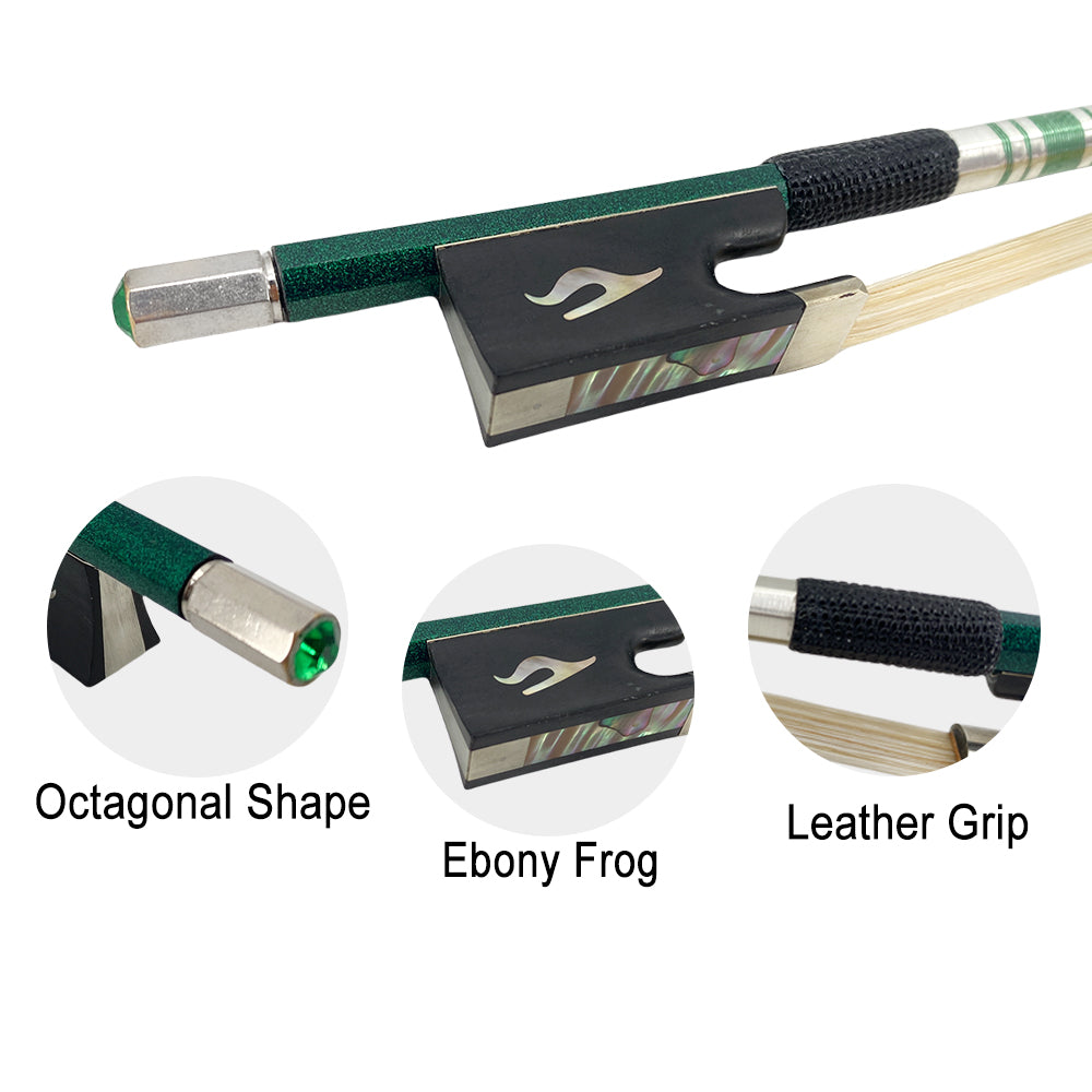 Violin Bow 4/4 Full Size Strong Light Carbon Fiber Stick and Ebony Frog with Natural Hair Quick Response,Green Color