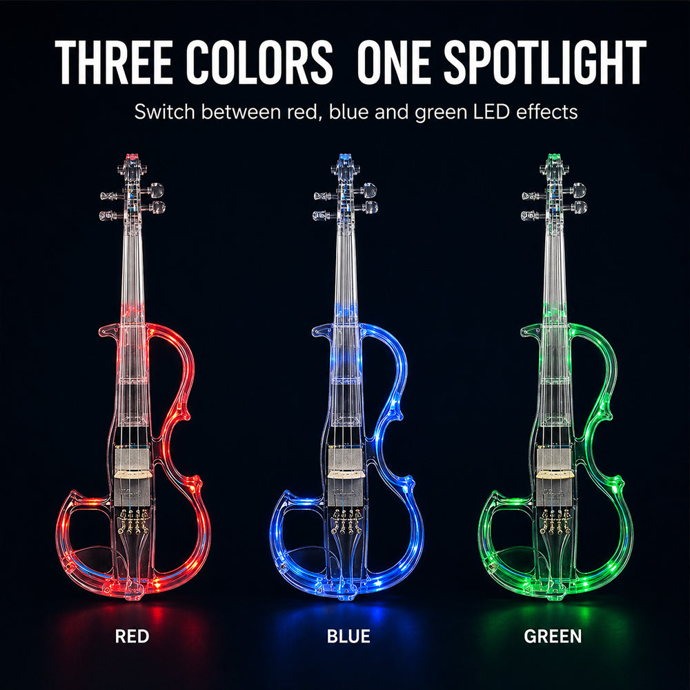 Yinfente Electric Violin 4/4 Full Size Transparent Acrylic Body Led Light Three Colors Led Bow Case Transparent Violin Shoulder Rest Extra Strings for Beginner