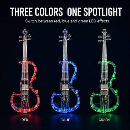 Yinfente Electric Violin 4/4 Full Size Transparent Acrylic Body Led Light Three Colors Led Bow Case Transparent Violin Shoulder Rest Extra Strings for Beginner