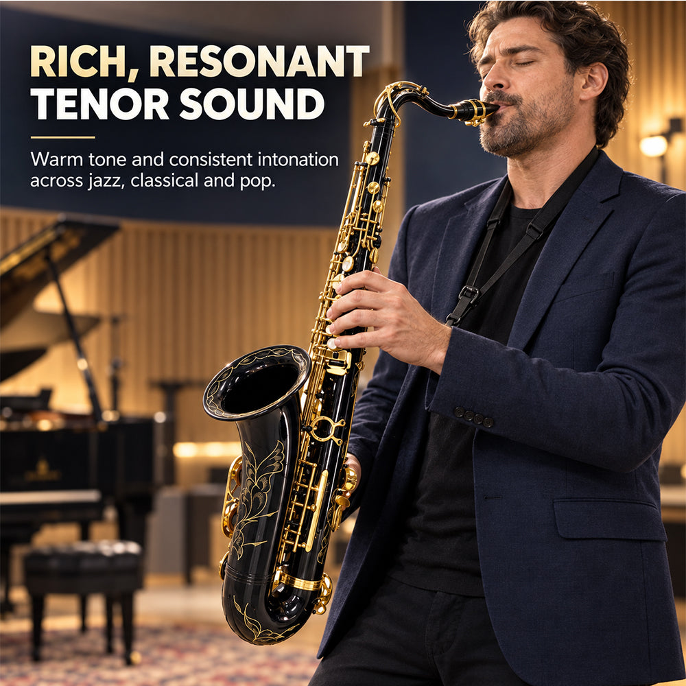 Yinfente Bb Tenor Saxophone Professional Beginner Kit-B Flat Tenor Sax Complete Student Set with Hard Case,Reeds,Cleaning Cloth,Neck Straps,Mouthpiece Black&Gold