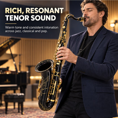 Yinfente Bb Tenor Saxophone Professional Beginner Kit-B Flat Tenor Sax Complete Student Set with Hard Case,Reeds,Cleaning Cloth,Neck Straps,Mouthpiece Black&Gold