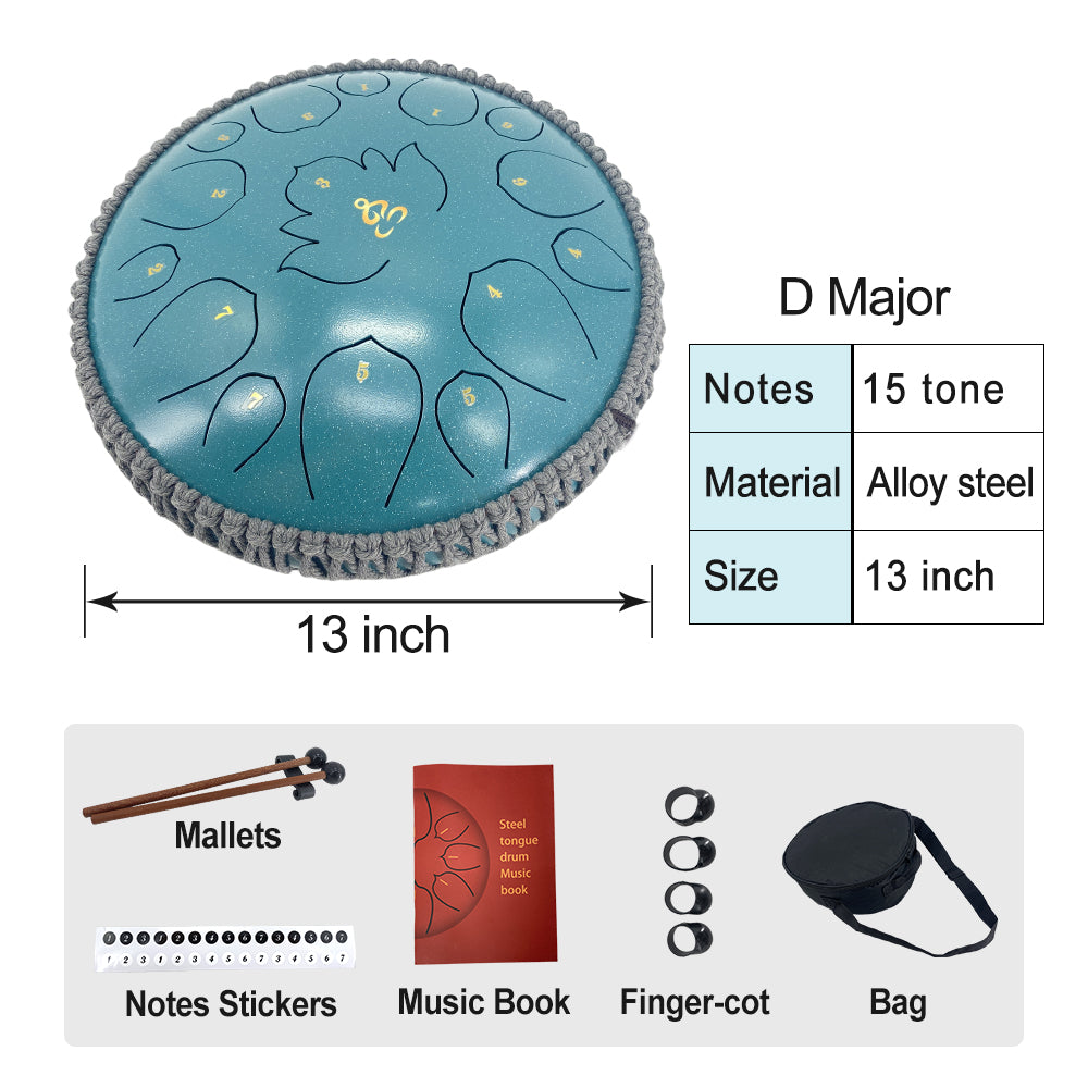 13 Inches 15 Notes Rain Drum for outside Garden, Steel Tongue Drum with Mallets & Carry Bag Musical Instrument for Adults D Major