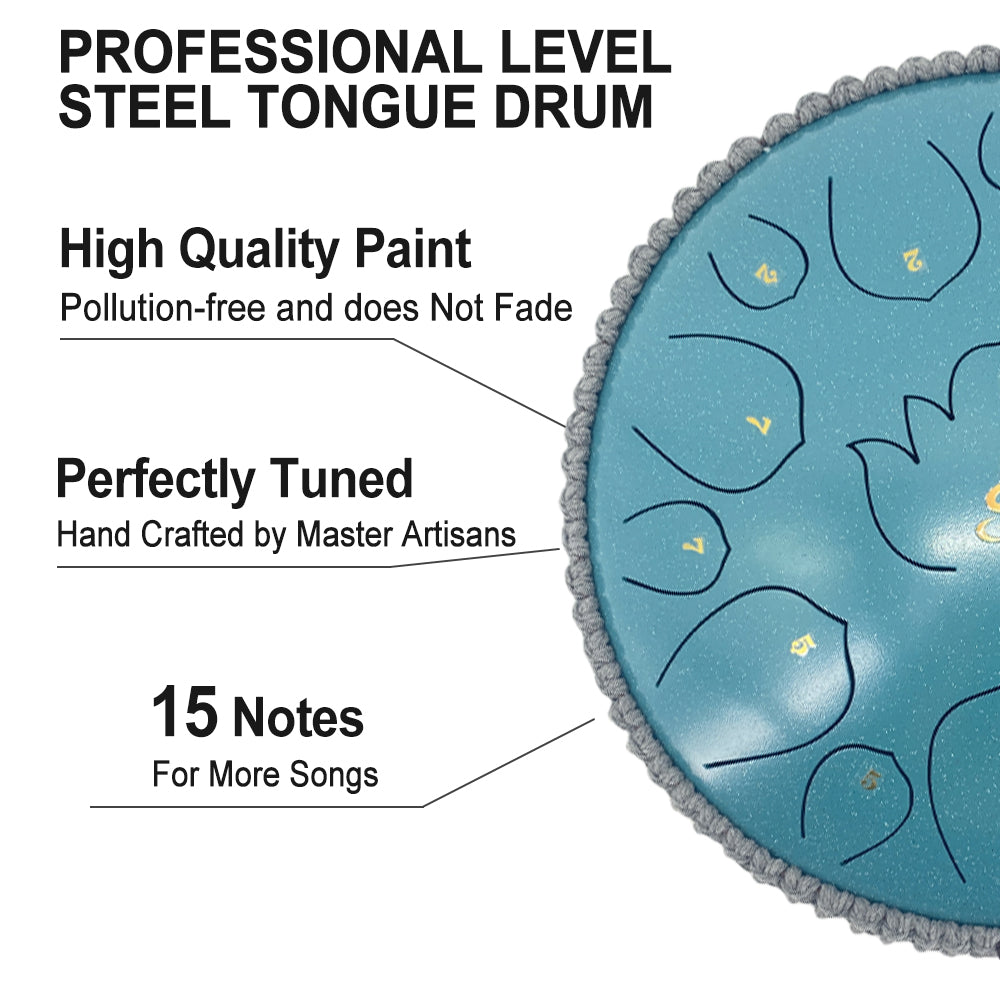13 Inches 15 Notes Rain Drum for outside Garden, Steel Tongue Drum with Mallets & Carry Bag Musical Instrument for Adults D Major