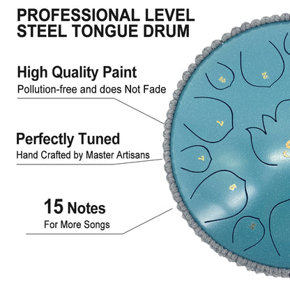 13 Inches 15 Notes Rain Drum for outside Garden, Steel Tongue Drum with Mallets & Carry Bag Musical Instrument for Adults D Major