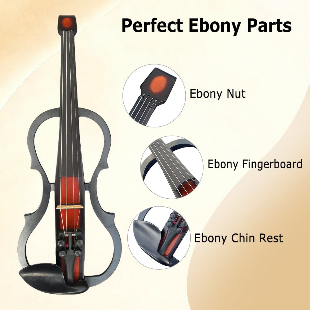 Yinfente Solid Wood Ebony Silent Electric Violin with Professional Pickup & 3-Band EQ, Headless Lightweight, for Beginner or Professional