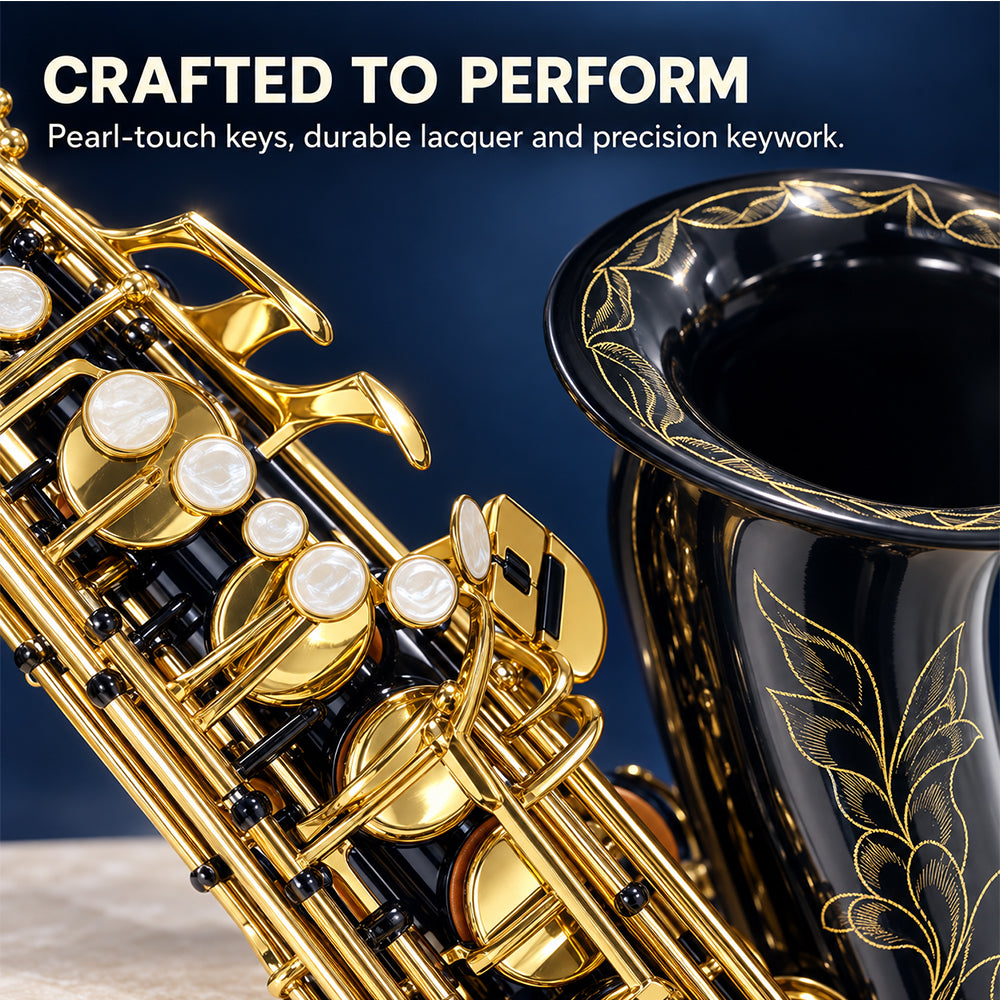 Yinfente Bb Tenor Saxophone Professional Beginner Kit-B Flat Tenor Sax Complete Student Set with Hard Case,Reeds,Cleaning Cloth,Neck Straps,Mouthpiece Black&Gold