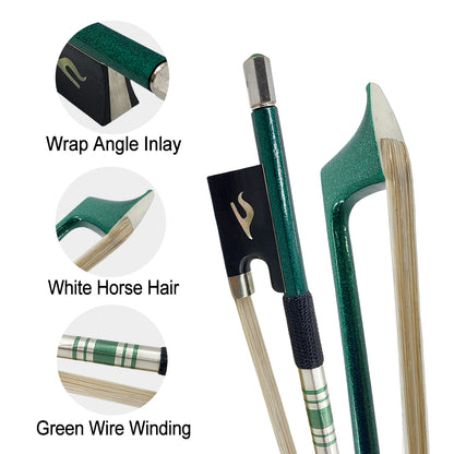 Violin Bow 4/4 Full Size Strong Light Carbon Fiber Stick and Ebony Frog with Natural Hair Quick Response,Green Color