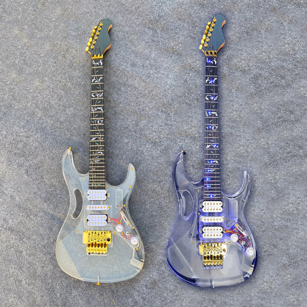 LED Light Electric Guitar Maple Neck Acrylic Body Crystal Guitar Blue Sweet Sound for Beginners,Students,Adults (Kit-Led-Iba)