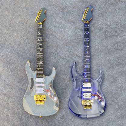 LED Light Electric Guitar Maple Neck Acrylic Body Crystal Guitar Blue Sweet Sound for Beginners,Students,Adults (Kit-Led-Iba)