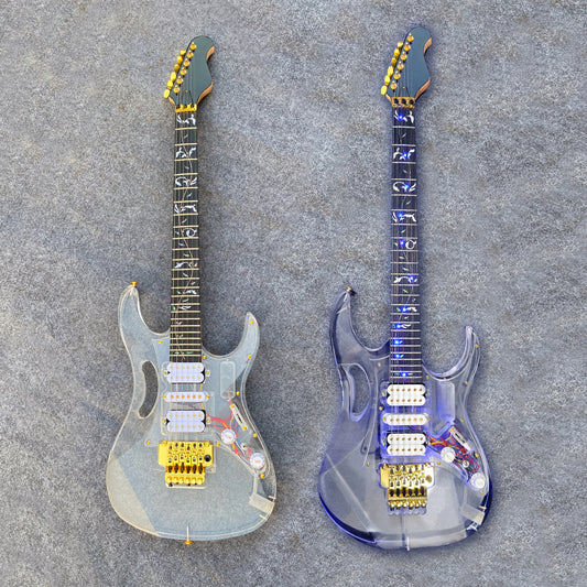 LED Light Electric Guitar Maple Neck Acrylic Body Crystal Guitar Blue Sweet Sound for Beginners,Students,Adults (Kit-Led-Iba)