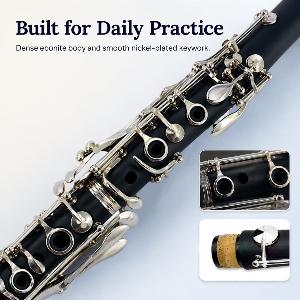 Yinfente Bb Clarinet for Beginners Student B Flat Clarinet with Ebonite Body & Nickel-Plated 17 Keys Woodwind Instrument with 2 Barrels Reeds Pads Case and Cleaning Kit