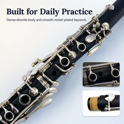 Yinfente Bb Clarinet for Beginners Student B Flat Clarinet with Ebonite Body & Nickel-Plated 17 Keys Woodwind Instrument with 2 Barrels Reeds Pads Case and Cleaning Kit