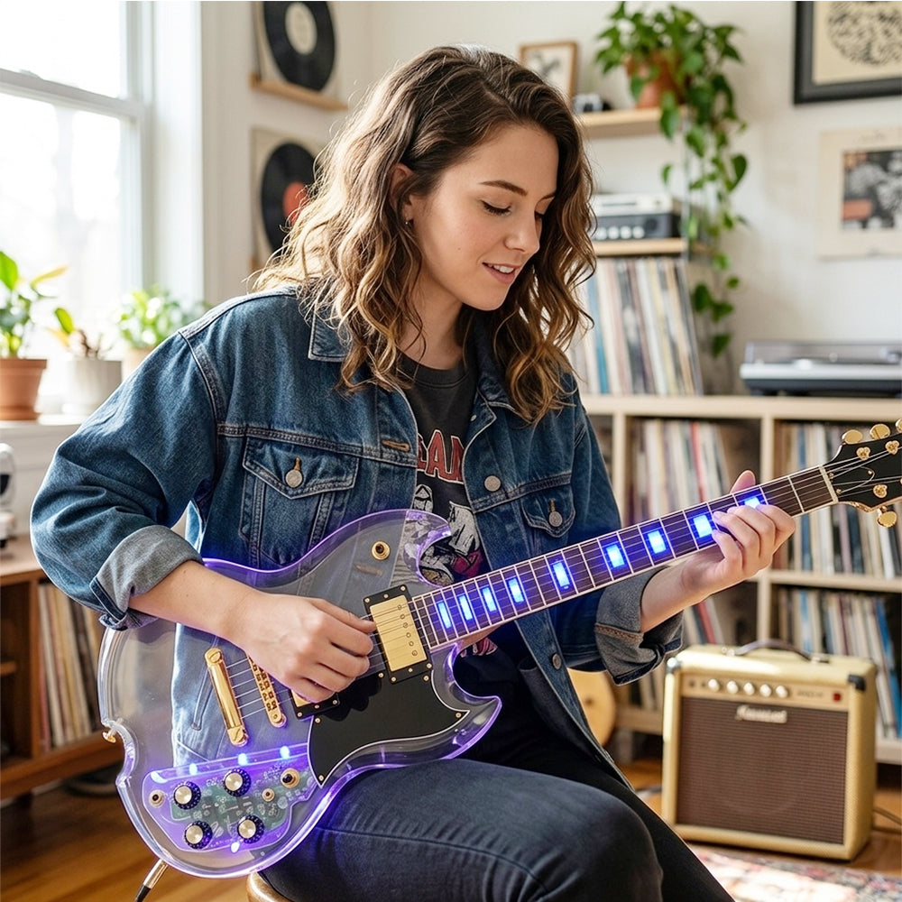 Yinfente LED Light Electric Guitar Transparent Acrylic Body Crystal Guitar Maple Neck Sweet Tone