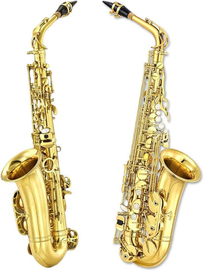 Alto Saxophone Beginner Kit for Adults & Students - Eb Gold Lacquer Full Brass Instrument with Case, Reeds, Mouthpiece & Cleaning Kit - Professional Sound & Easy to Play (Gold)