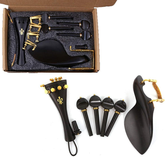 4/4 Full Size Violin Accessories Set - Includes Ebony Wood Pegs, Tailpiece, Fine Tuner, Chin Rest, Clamp, and End Pin - Premium Quality for Enhanced Sound and Durability