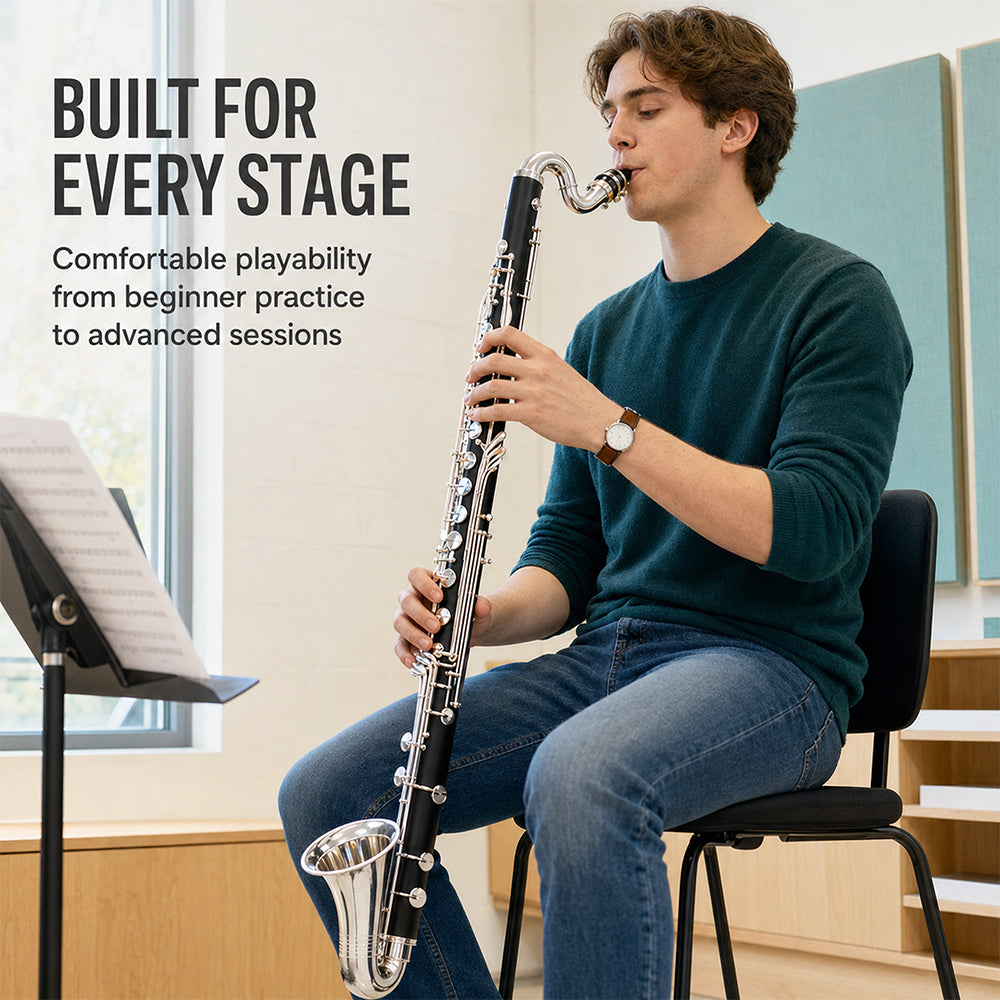 Yinfente Professional Bass Clarinet Low C Silver Nickel Plated Keys with Case Rich Sound Musical Instrument Student Clarinet (Low C)