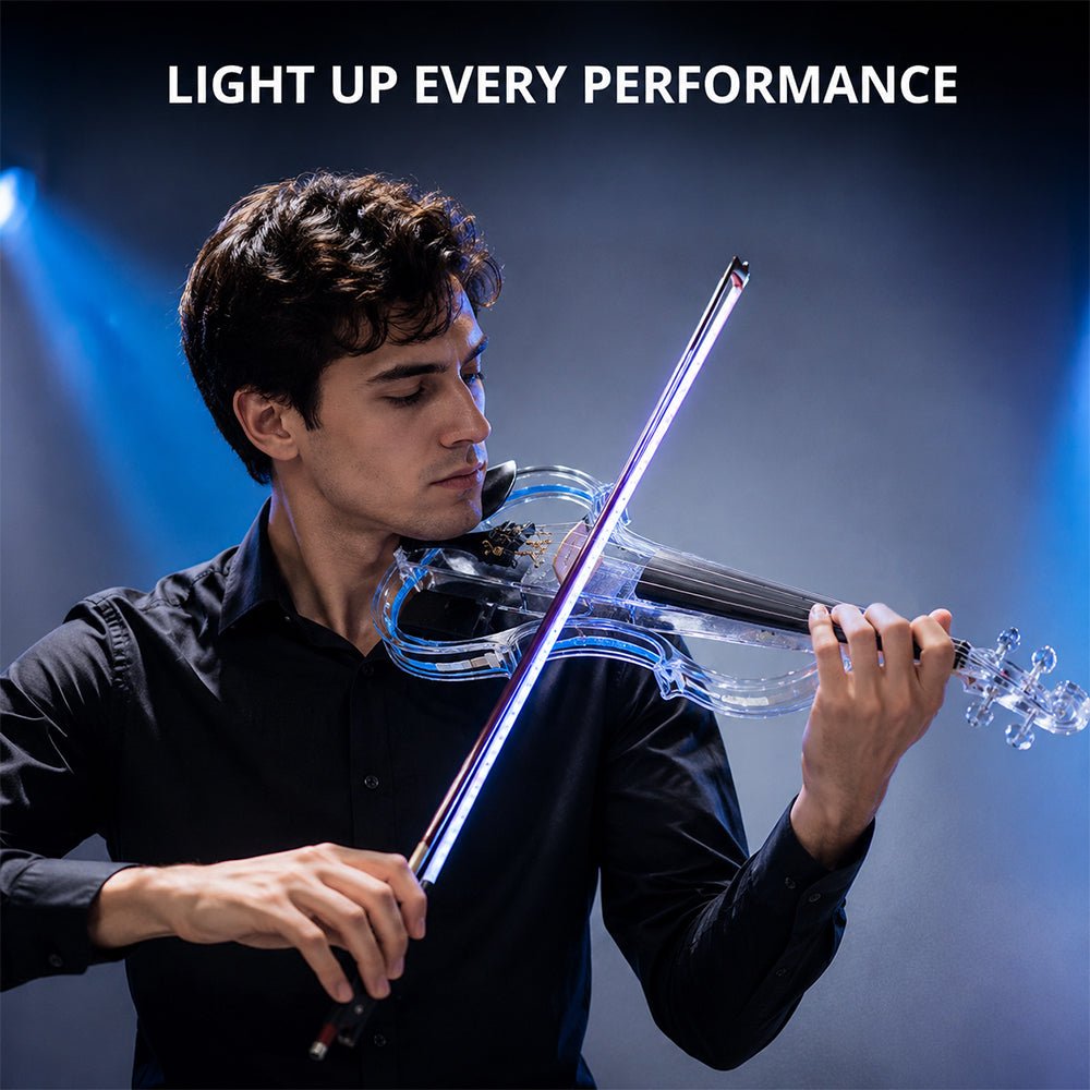 Yinfente Electric Violin 4/4 Full Size Transparent Acrylic Body Led Light Three Colors Led Bow Case Transparent Violin Shoulder Rest Extra Strings for Beginner