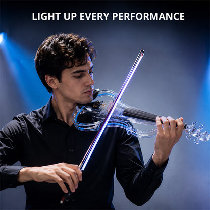Yinfente Electric Violin 4/4 Full Size Transparent Acrylic Body Led Light Three Colors Led Bow Case Transparent Violin Shoulder Rest Extra Strings for Beginner