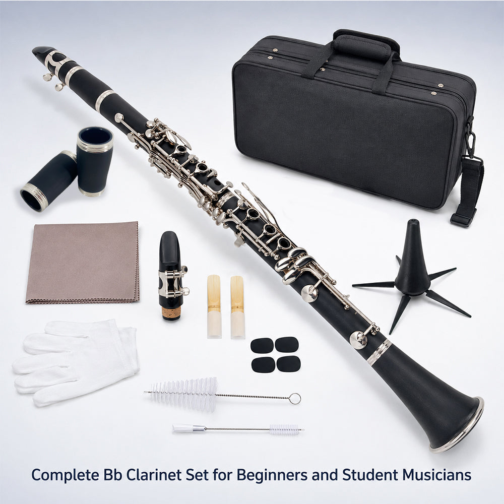 Yinfente Bb Clarinet for Beginners Student B Flat Clarinet with Ebonite Body & Nickel-Plated 17 Keys Woodwind Instrument with 2 Barrels Reeds Pads Case and Cleaning Kit