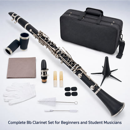 Yinfente Bb Clarinet for Beginners Student B Flat Clarinet with Ebonite Body & Nickel-Plated 17 Keys Woodwind Instrument with 2 Barrels Reeds Pads Case and Cleaning Kit