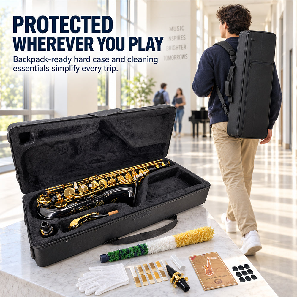 Yinfente Bb Tenor Saxophone Professional Beginner Kit-B Flat Tenor Sax Complete Student Set with Hard Case,Reeds,Cleaning Cloth,Neck Straps,Mouthpiece Black&Gold