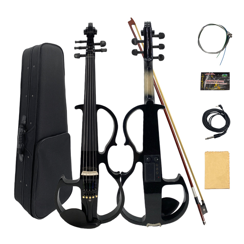 Yinfente 16Inch Silent Electric Viola Solid Wood 5 String with Ebony Fittings Hard Case Brazilwood Bow AUX Cable Cleaning Cloth Extra Strings Shoulder Rest Black FCGDA