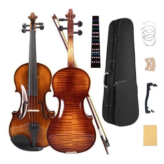 Violin 4/4 Full Set for Beginners, Adults, Students, Aged Spruce Maple Solid Wood Fiddle, Ebony Fittings with Hard Case, Shoulder Rest, Bow, Extra Strings (Dark Brown, 4/4 Full Size)