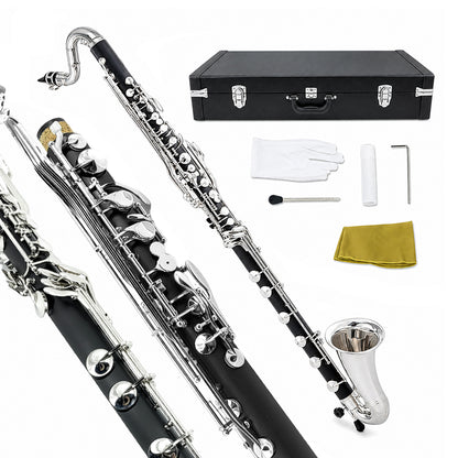 Yinfente Professional Bass Clarinet Low C Silver Nickel Plated Keys with Case Rich Sound Musical Instrument Student Clarinet (Low C)