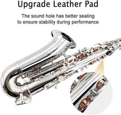 Saxophone Alto Beginner Kit for Adults & Students - Eb Nickel-Plated Sax with Case, Reeds, Mouthpiece & Straps - Professional Setup, Easy to Play (Nickel)