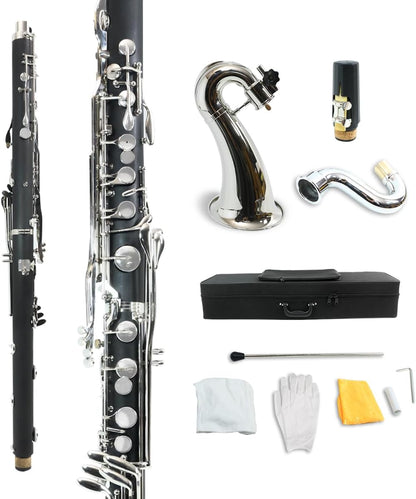 ABS Bass Clarinet Kits for Beginners Low E Bb Flat Clarinete Professional Silver Plated Keys Hard Case,Cleaning Kits,Gloves and Cork Grease