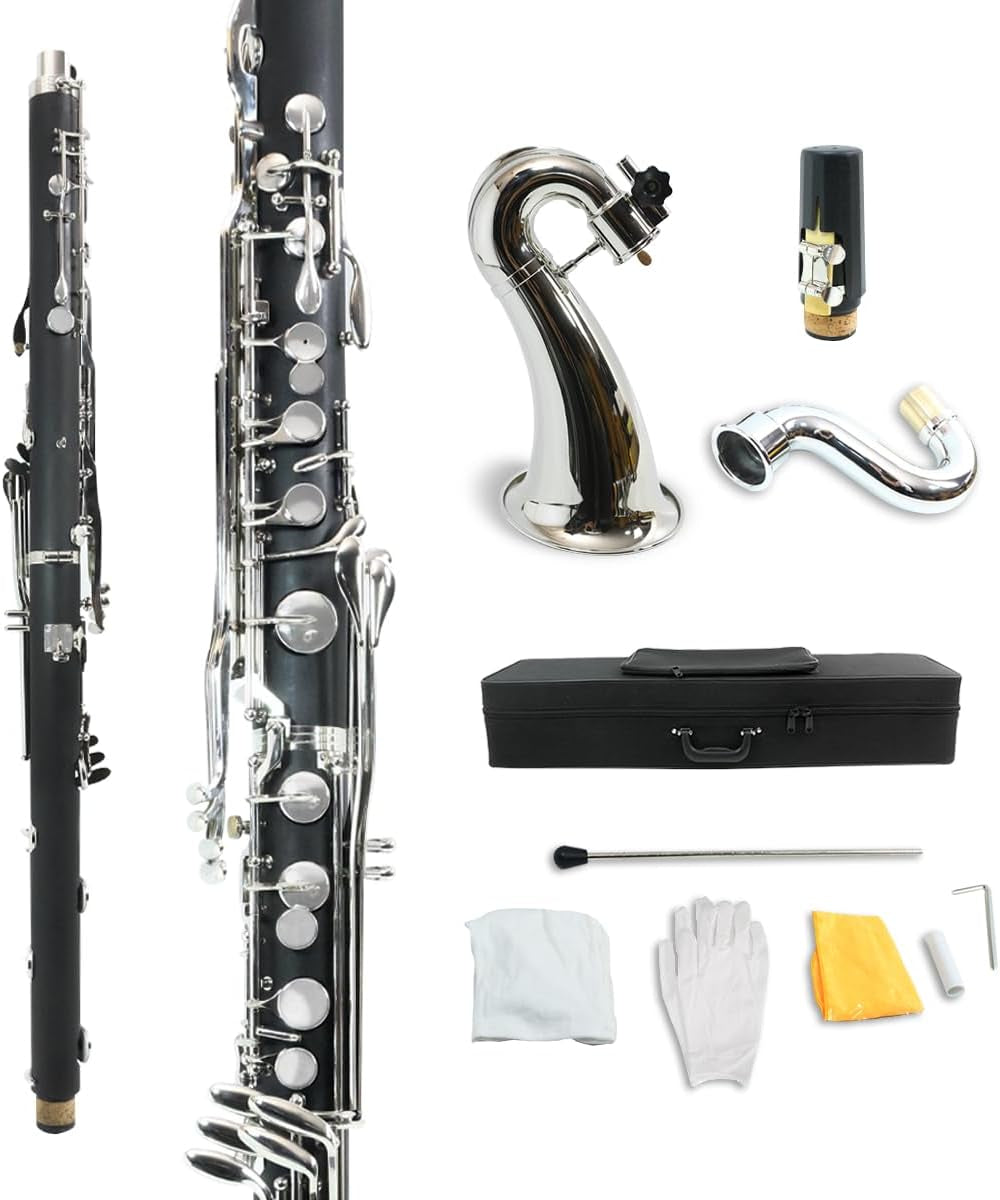 Professional Bass Clarinet Low E Bb Flat Synthetic Wood Body Nickel Plated Keys with Case Rich Sound Musical Instrument Student Clarinet (Low E)