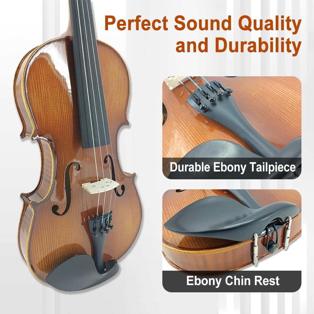 4 String Violin Kit, 4/4 3/4 1/2 Flame Maple Spruce Solid Wood Ebony Fittings Case,Bow,Tuner,Clean Cloth,Extra String,Shoulder Rest Handmade for Beginners Yellow