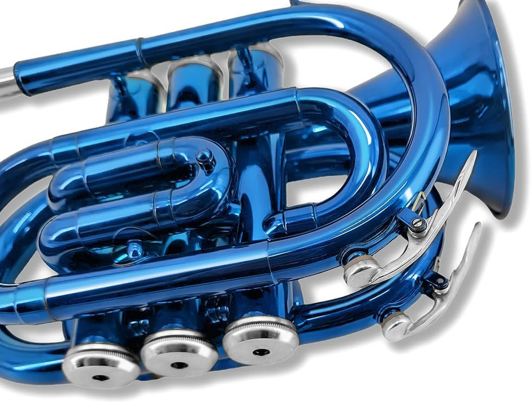 Brass Pocket Trumpet Bb Key Nickel Plated with Mouthpiece 7C, Cleaning Kit, Carrying Case, Gloves for Beginners/Students (Blue)