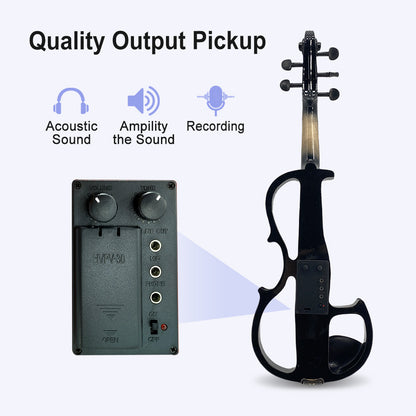 Electric Violin 4/4 Size Silent Violins Solid Wood Ebony Violin Parts with Case, Bow (Black)
