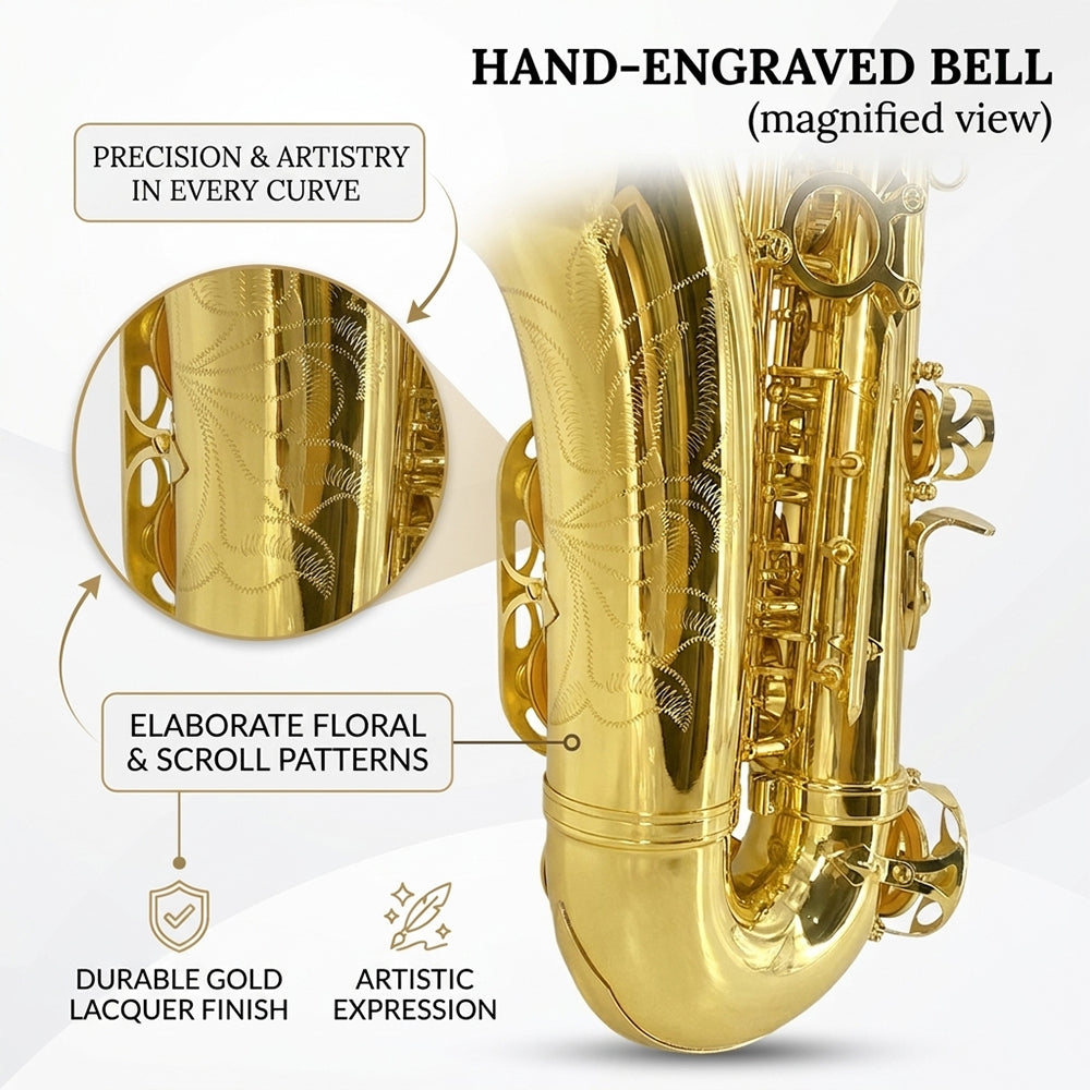 Yinfente Alto Saxophone Eb Gold Lacquer Finish Complete Starter Kit with Case Reeds for Entry & Intermediate Musicians or Beginners
