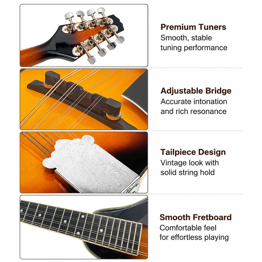 Yinfente Mandolin Instrument a Style, 8 String, Lightweight Basswood Body - Acoustic Mandolin Kit with Gig Bag, Strap, Picks & Extra Strings for Beginners & Professionals